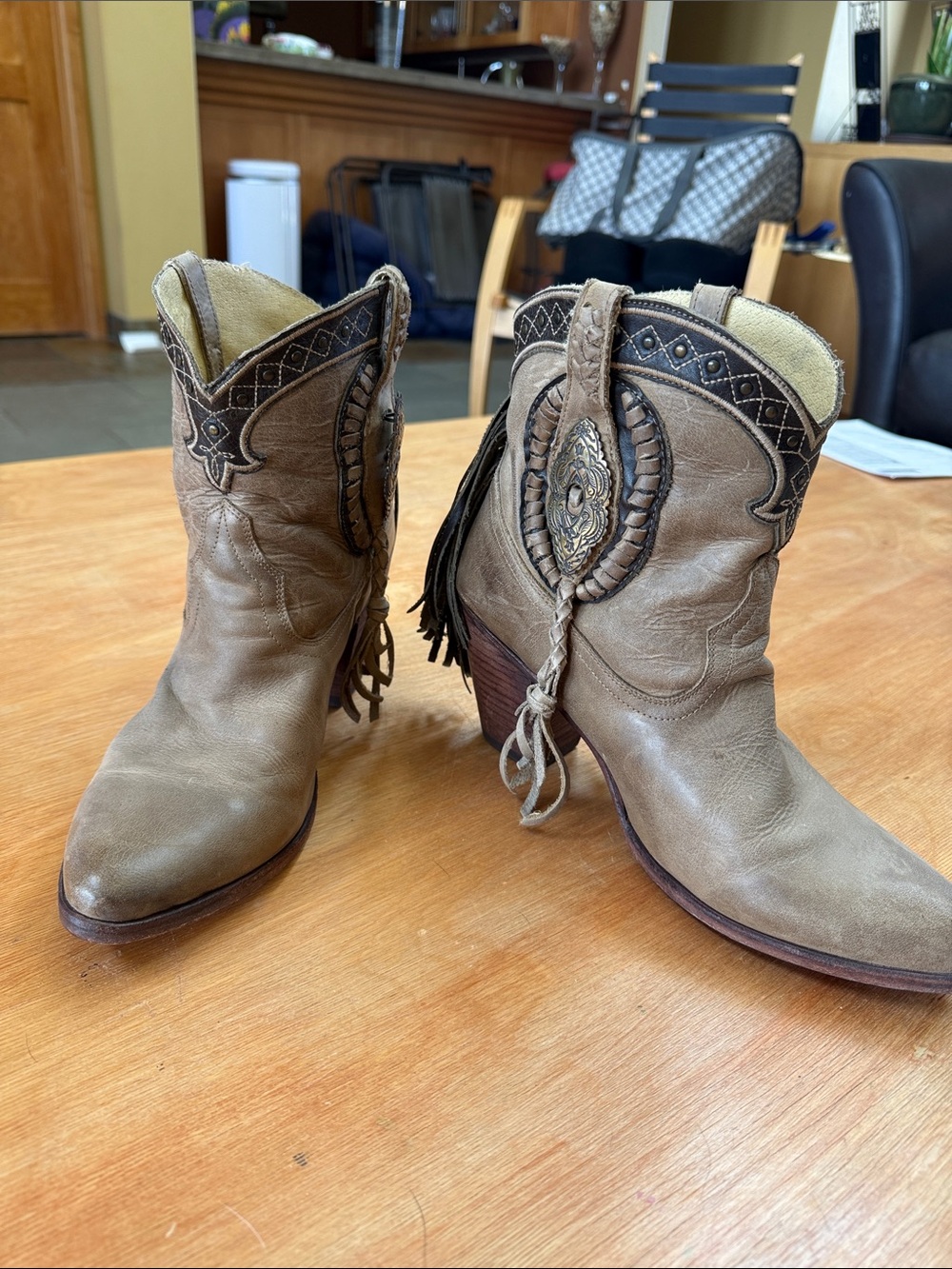 LIBERTY Black Tan Leather Western Ankle Boots with Braided Tassel Accent